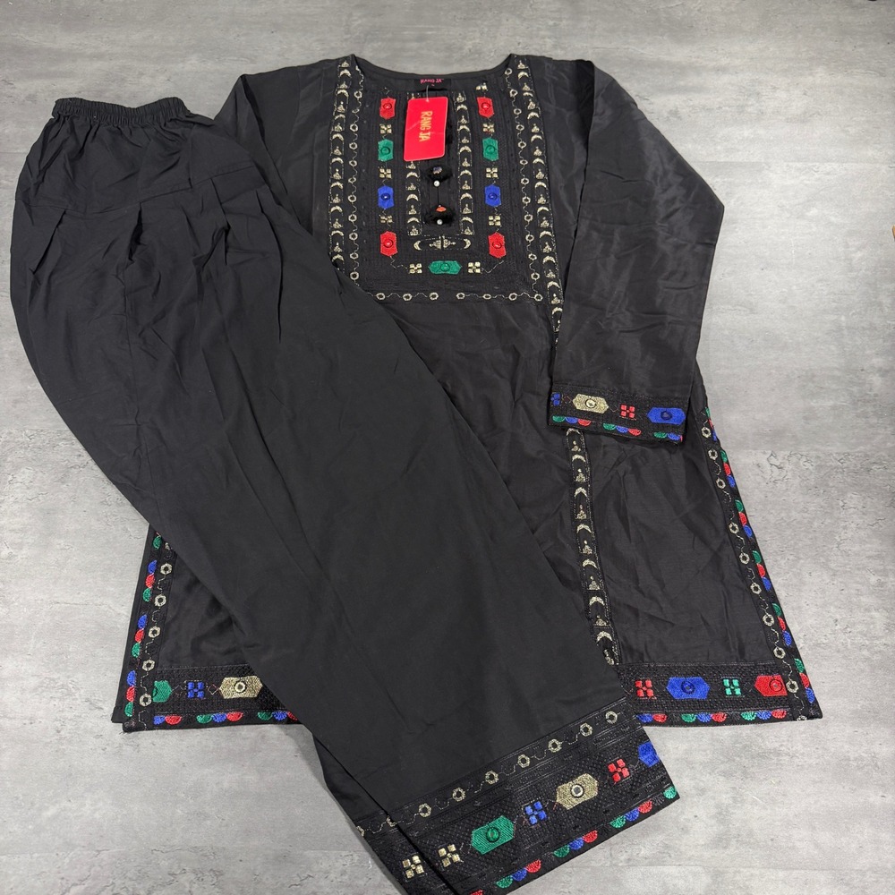 Rang Ja Tunic Pant Set Womens M Black Embroidered Ethnic 2-Piece NEW Pakistani - Picture 1 of 9